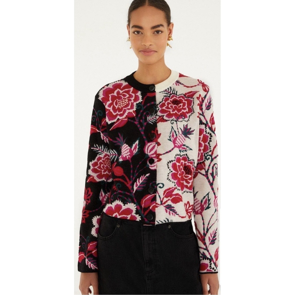 Farm Rio $298 Mixed Winter Garden Knit Cardigan Size Small Floral Print Sweater